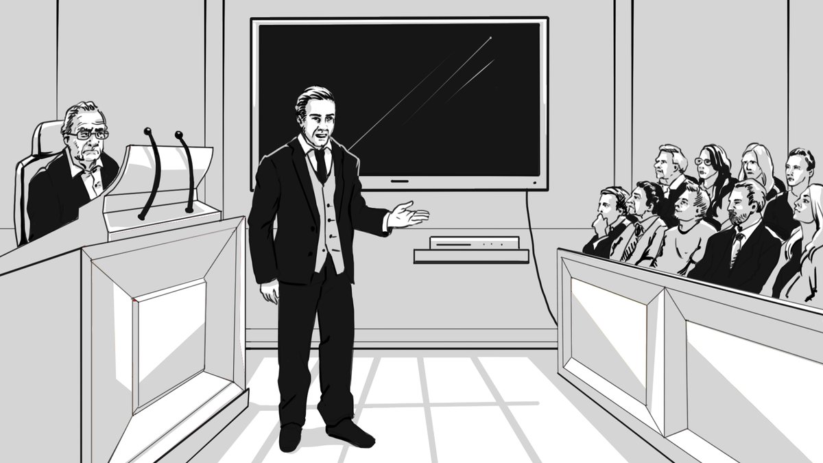 Courtroom scene illustration by Liudmyla Shymko